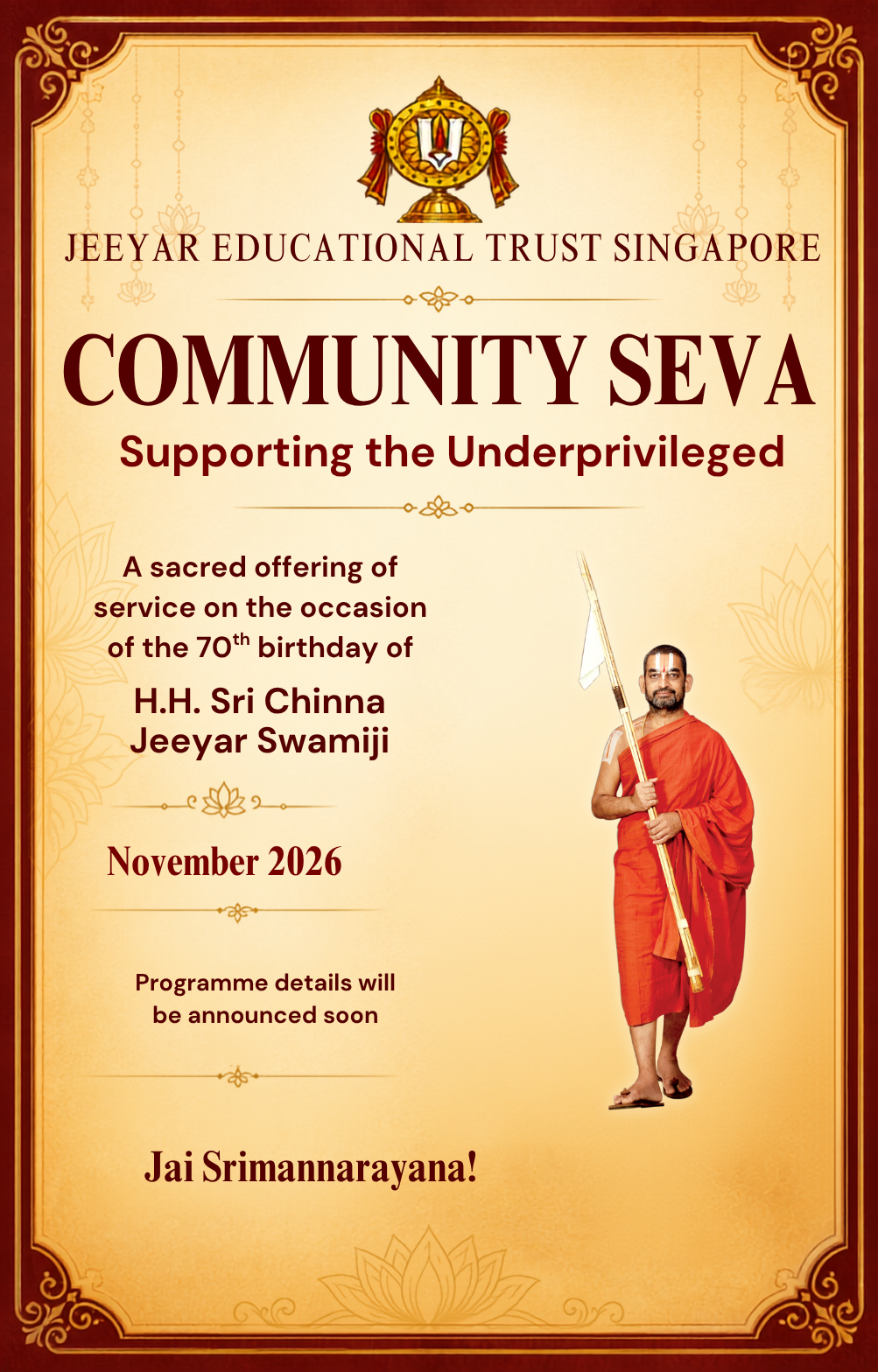 Community Seva poster for supporting the underprivileged in November 2026