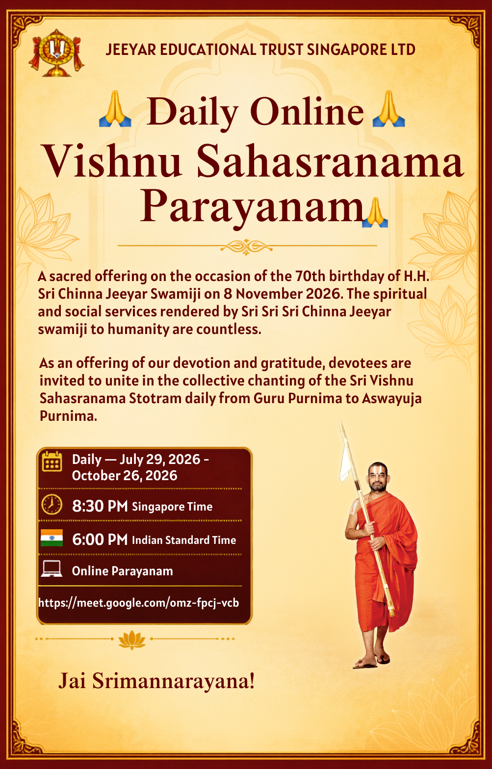 Daily Online Vishnu Sahasranama Parayanam poster with the daily timing and Google Meet details