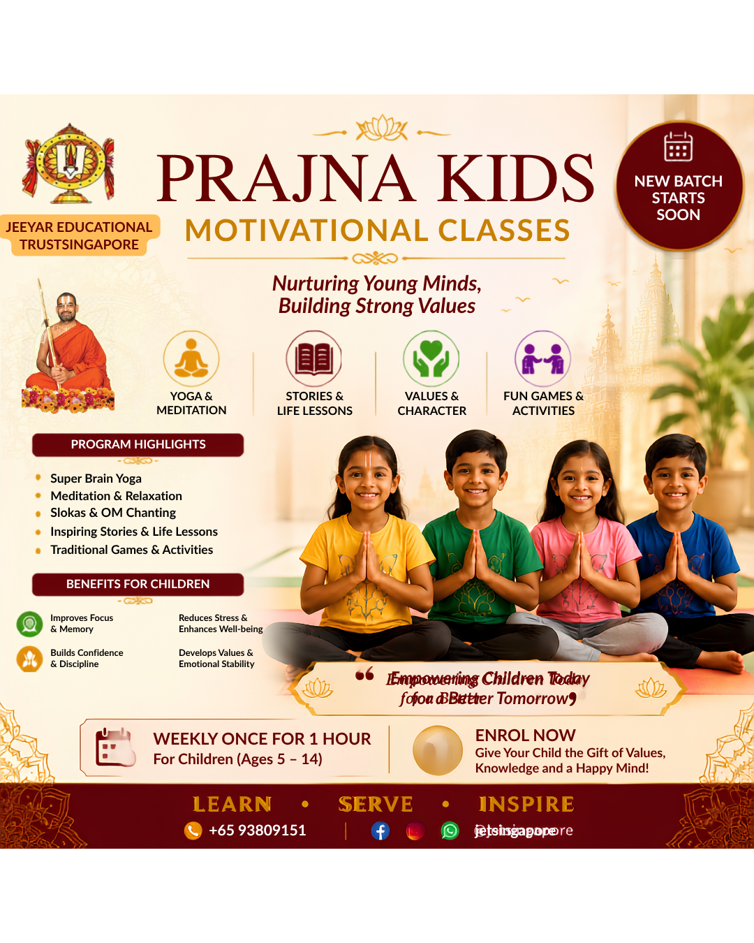 Prajna Kids Motivational Classes poster showing children in yoga postures and the programme highlights